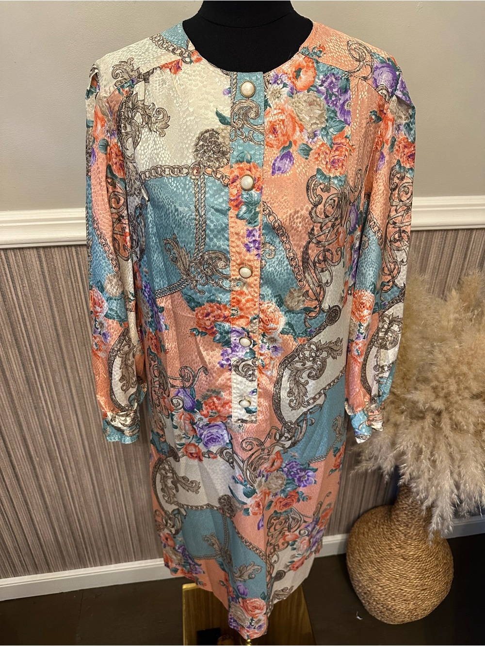 Vintage Brownstone Studio Floral‎ Baroque Print Midi Dress Pearl Buttons Size 16